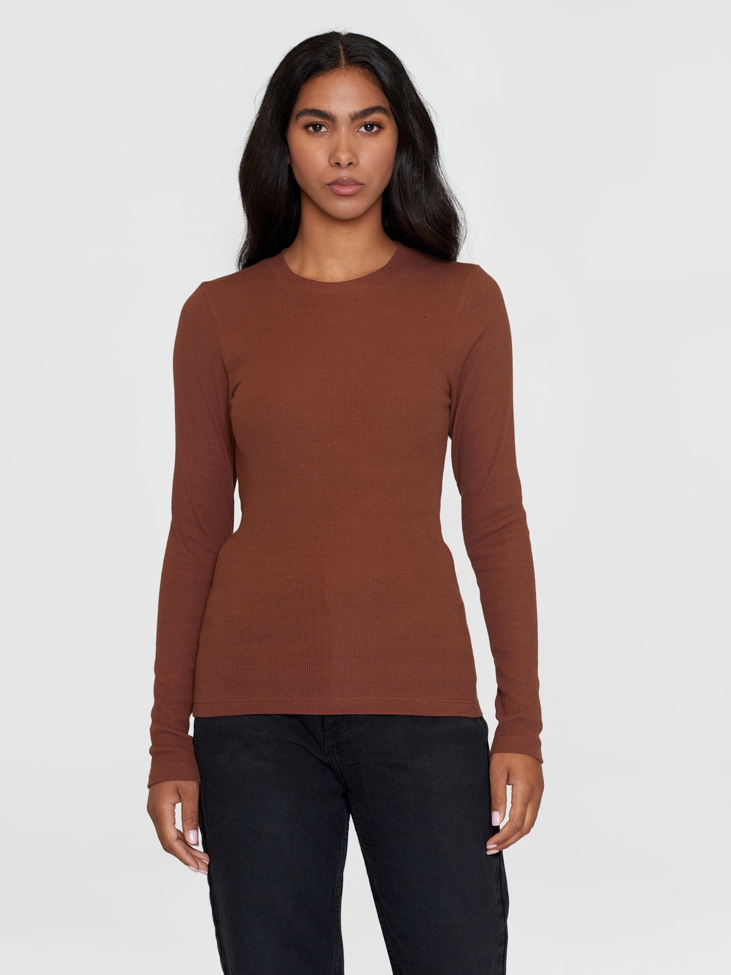 T-shirt manches longues en coton bio | marron "rib scoop neck long sleeved tiramisu"