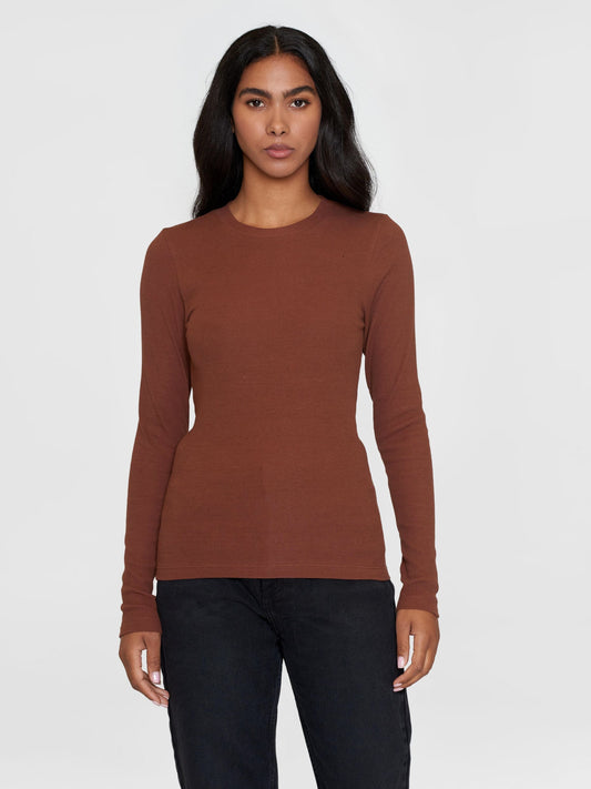 T-shirt manches longues en coton bio | marron "rib scoop neck long sleeved tiramisu"