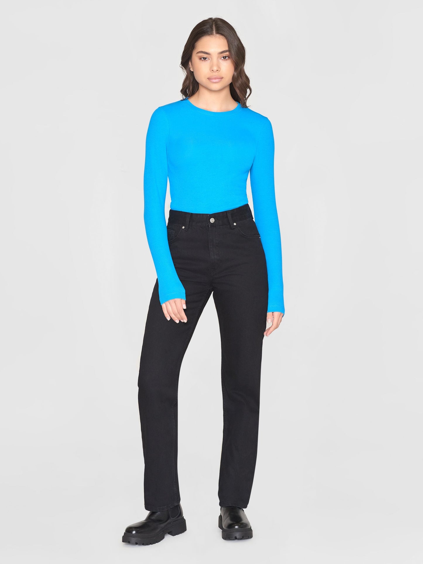 T-shirt manches longues en coton bio | bleu "rib scoop neck long sleeved malibu blue"