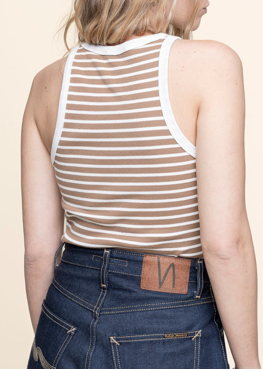 Débardeur en coton biologique | marron "striped racer rib top - dark brown stripe"