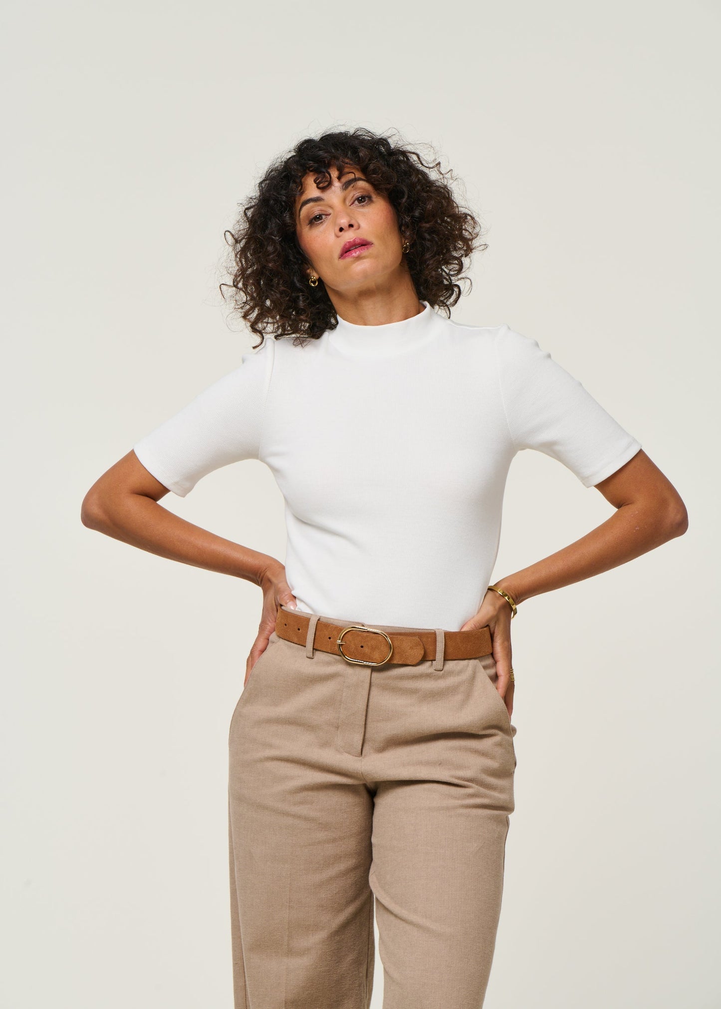T-shirt côtelé en coton bio | blanc 'rib high neck short sleeved star white'
