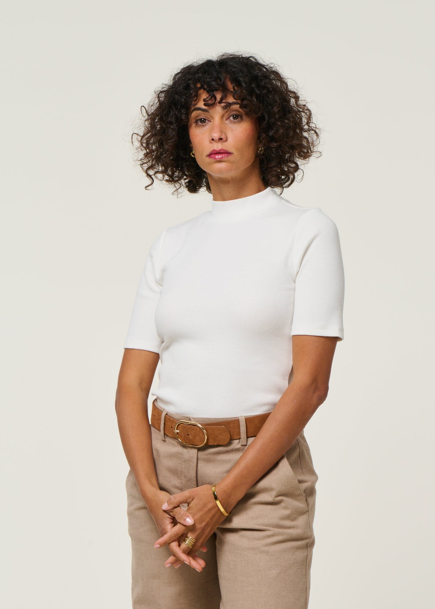 T-shirt côtelé en coton bio | blanc 'rib high neck short sleeved star white'