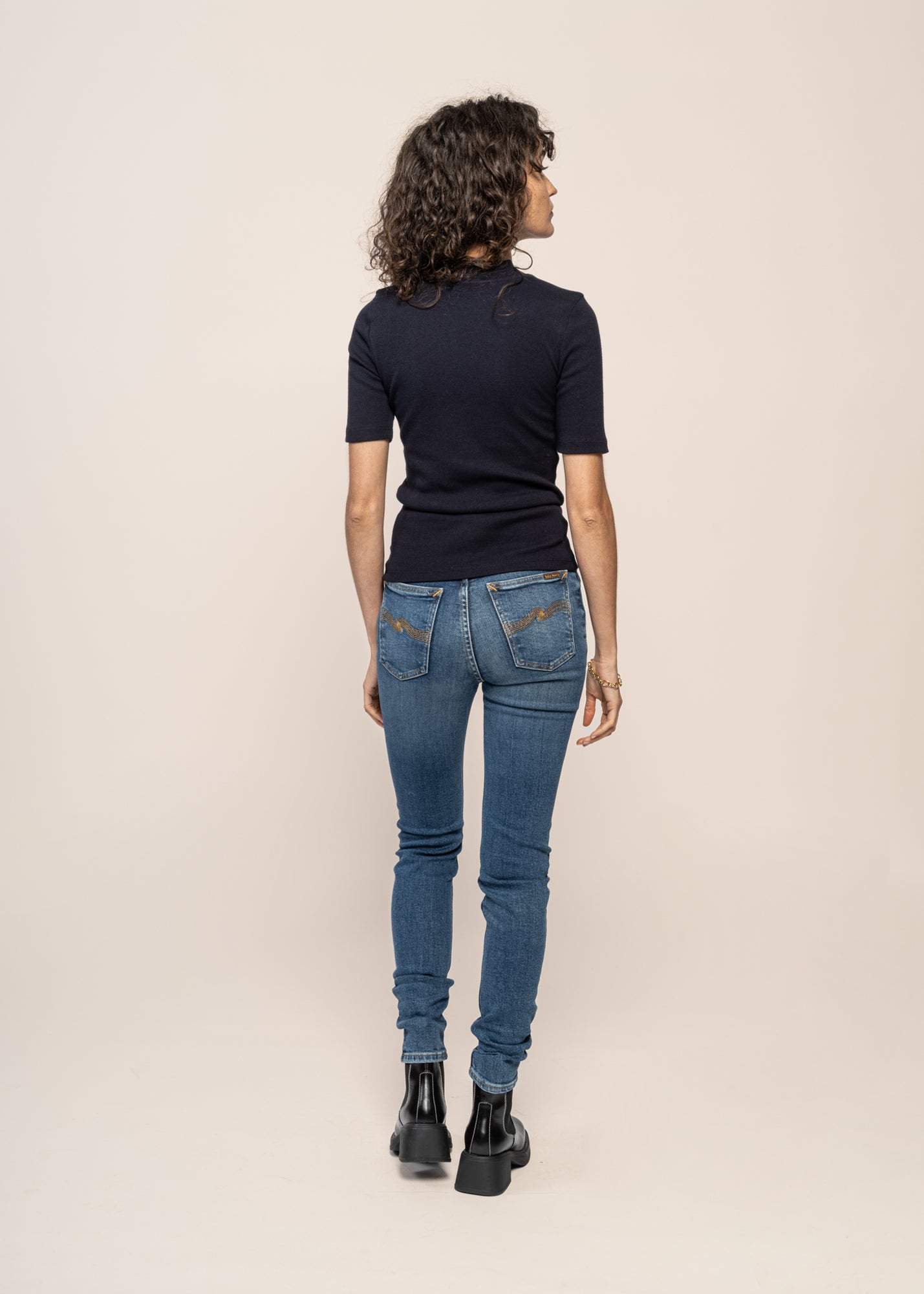 T-shirt côtelé en coton bio | marine "rib high neck short sleeved night sky"