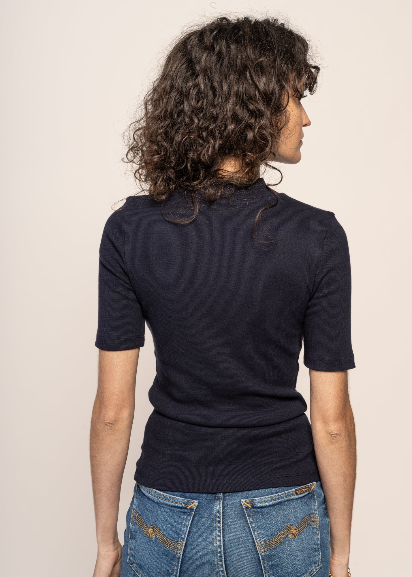 T-shirt côtelé en coton bio | marine "rib high neck short sleeved night sky"