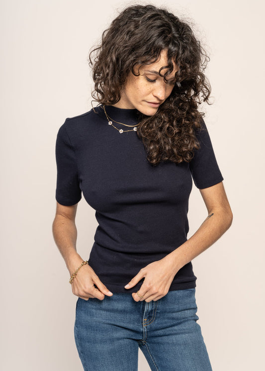 T-shirt côtelé en coton bio | marine "rib high neck short sleeved night sky"