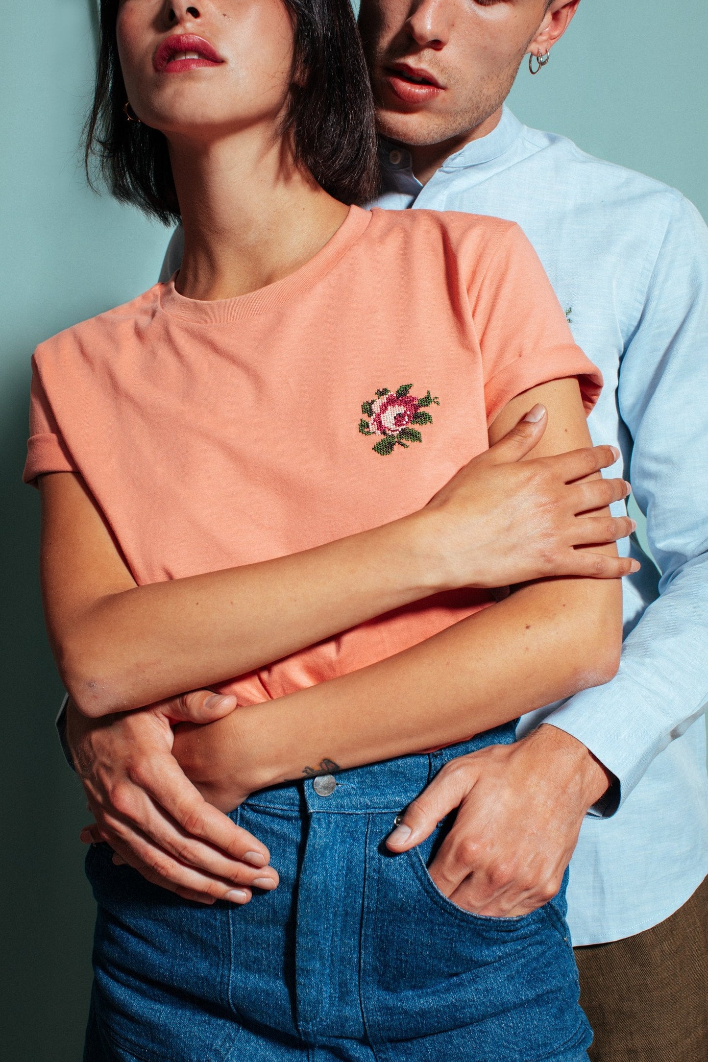 Tee-shirt vieux rose brodé en coton bio - rose - vieux rose