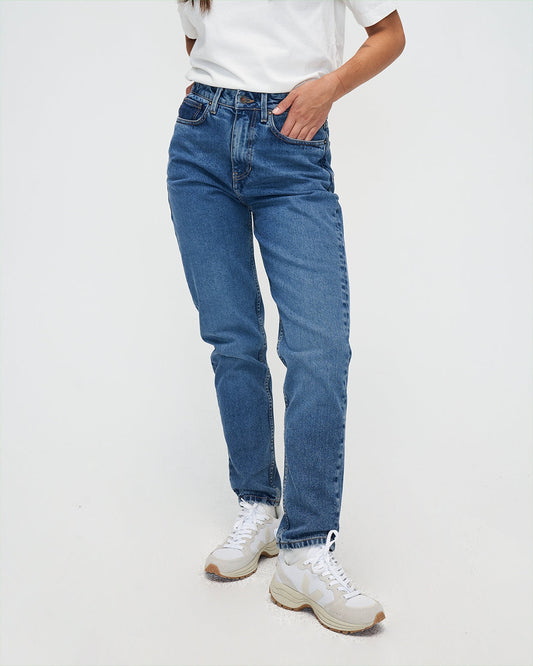 Jean mom en coton bio | bleu "nora loose tapered worn indigo"