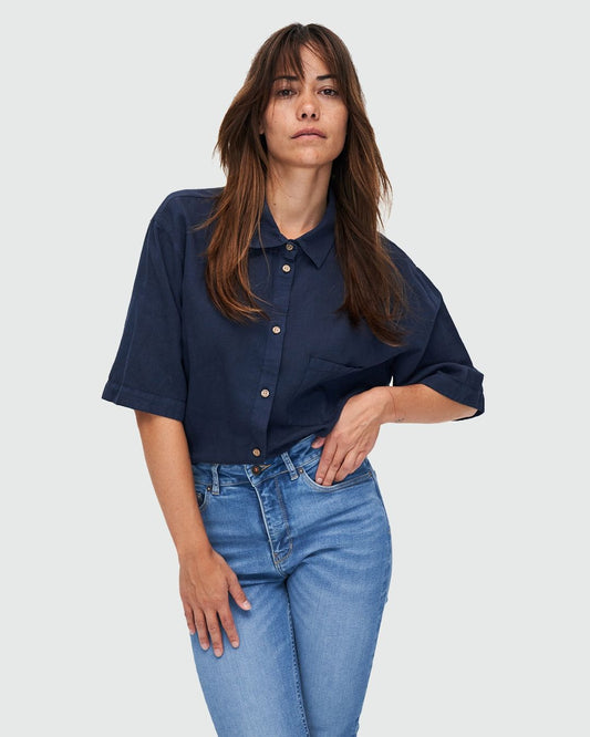 Chemiser marine en coton bio et lin - vivien blouse - dark navy