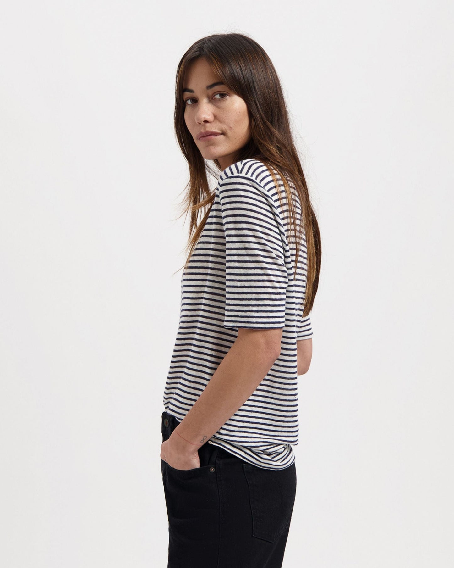 T-shirt en lin et coton bio | Rayé blanc et marine "olivia striped t-shirt white-indigo"