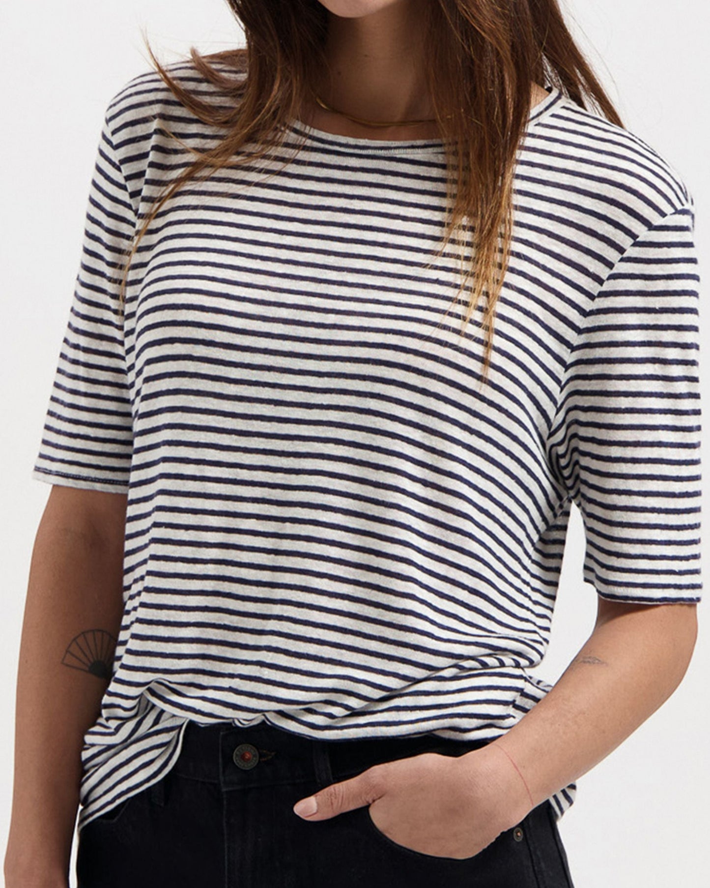 T-shirt en lin et coton bio | Rayé blanc et marine "olivia striped t-shirt white-indigo"