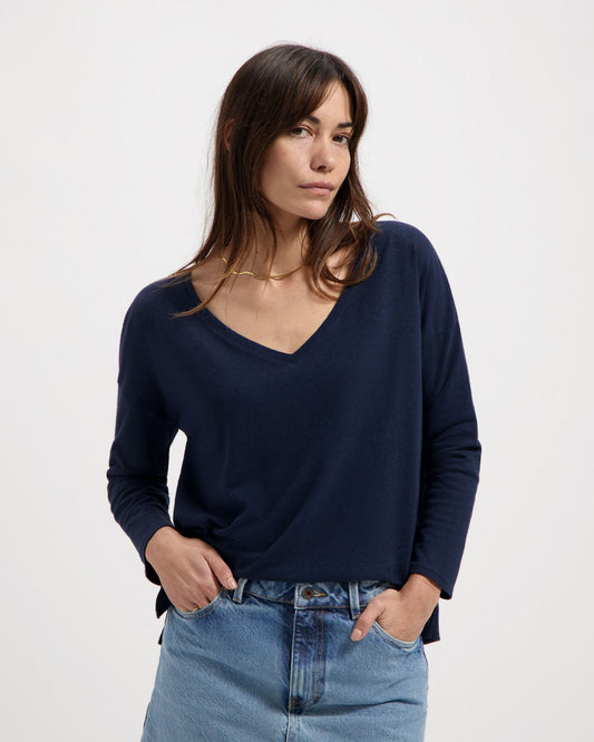 T-shirt manches longues en lin et coton bio | Marine "yulia tee dark navy"