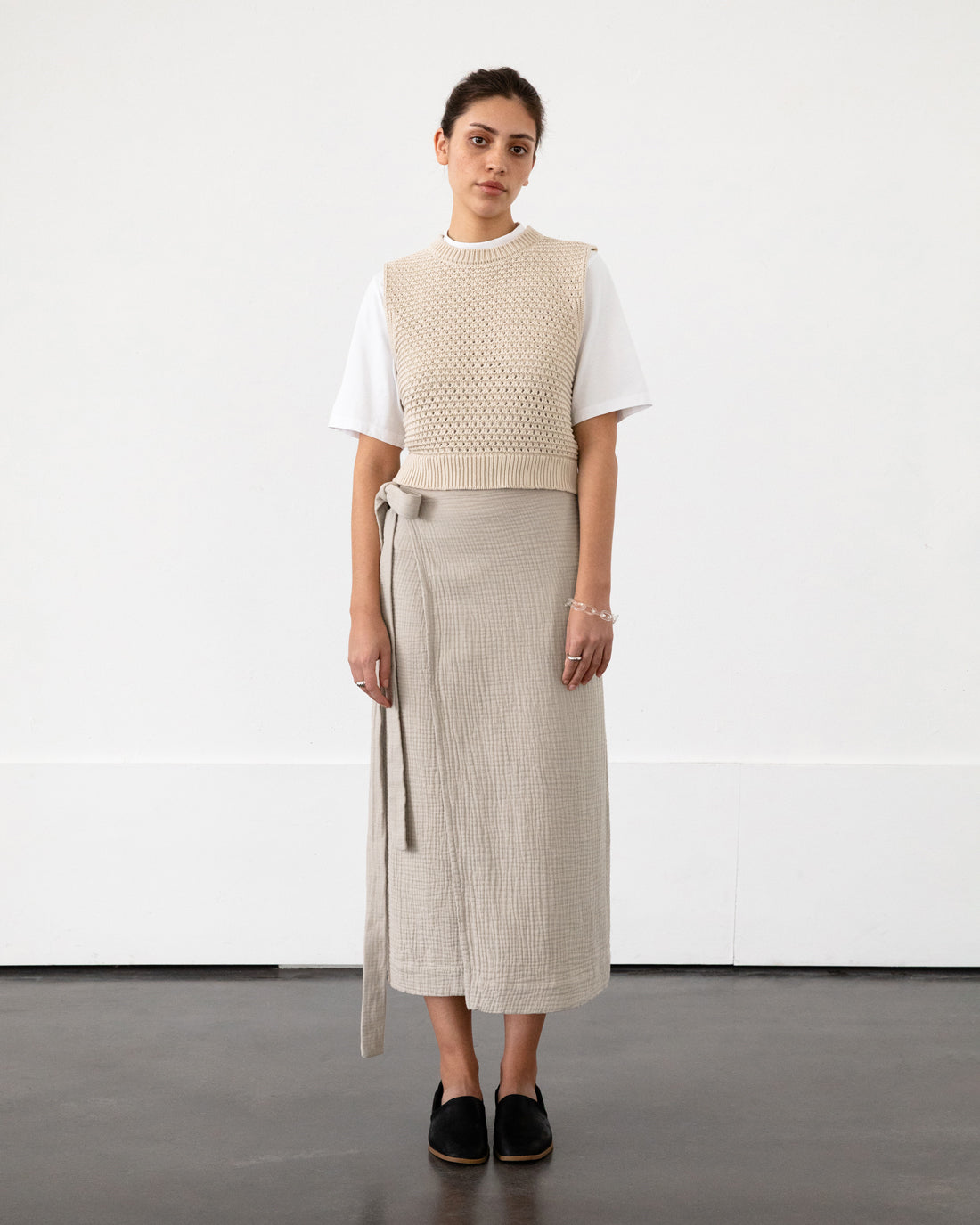 Jupe portefeuille en gaze de coton bio | écru "Wrap skirt - washed sand"
