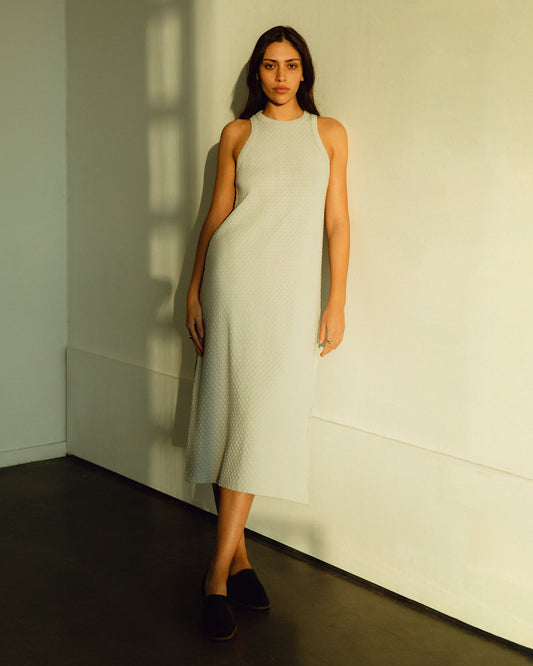 Robe midi en coton bio | bleu ciel "Knit dress - moonlight grey"