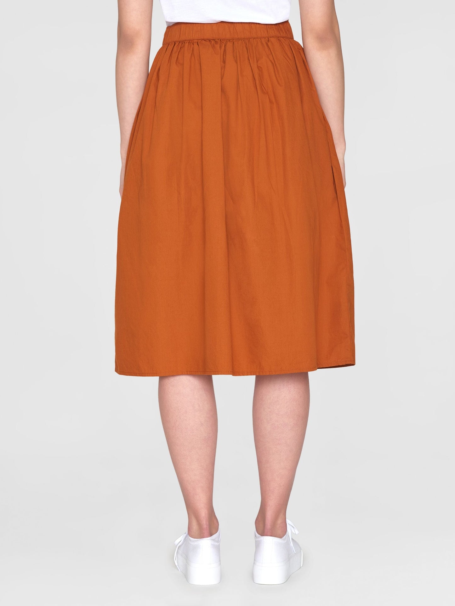 Jupe midi en coton bio | Marron "poplin elastic waist mid-length leather brown"