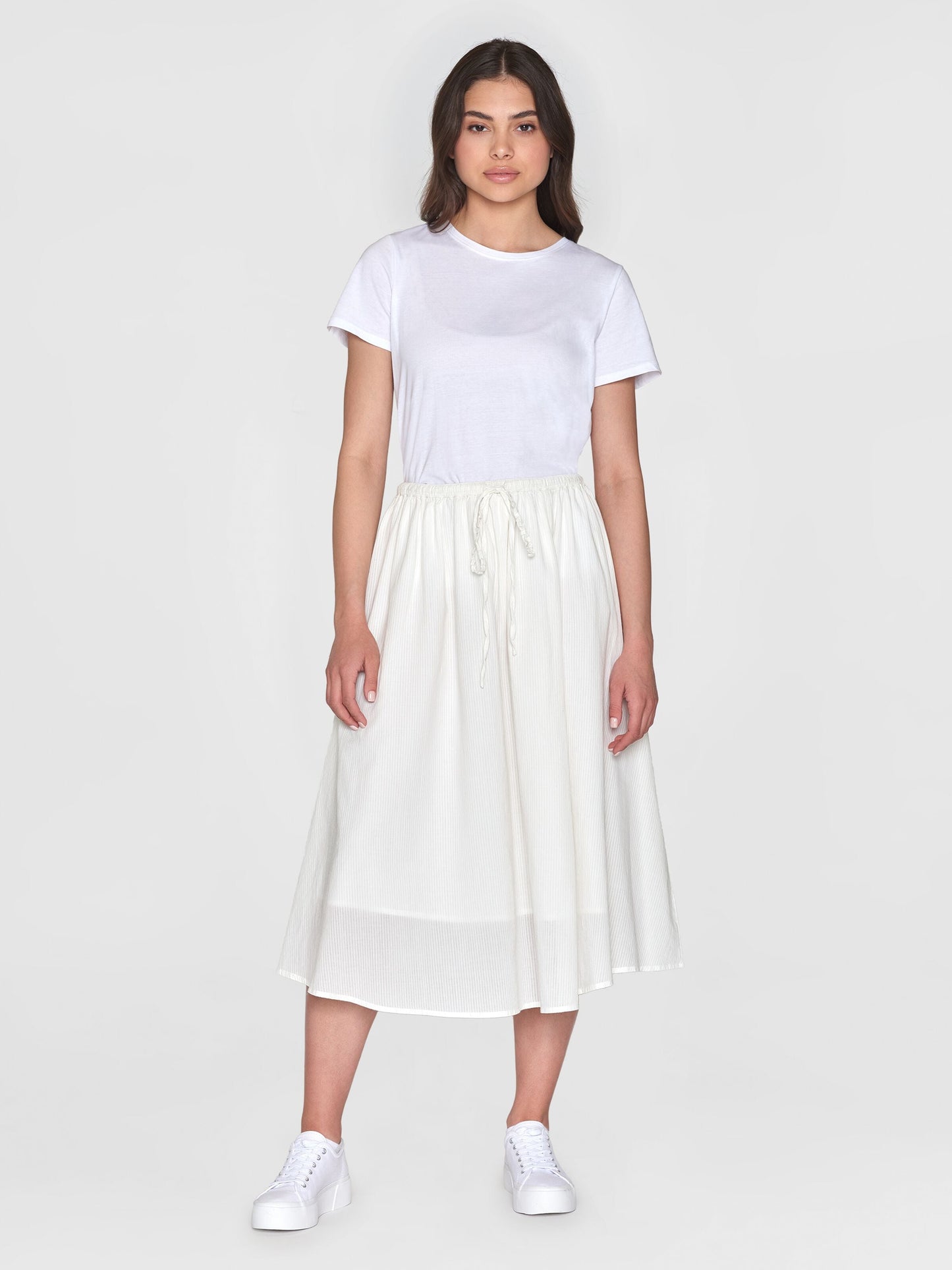 Jupe midi en coton bio | Rayé blanc "stripe structure a-shape mid-length skirt egret"