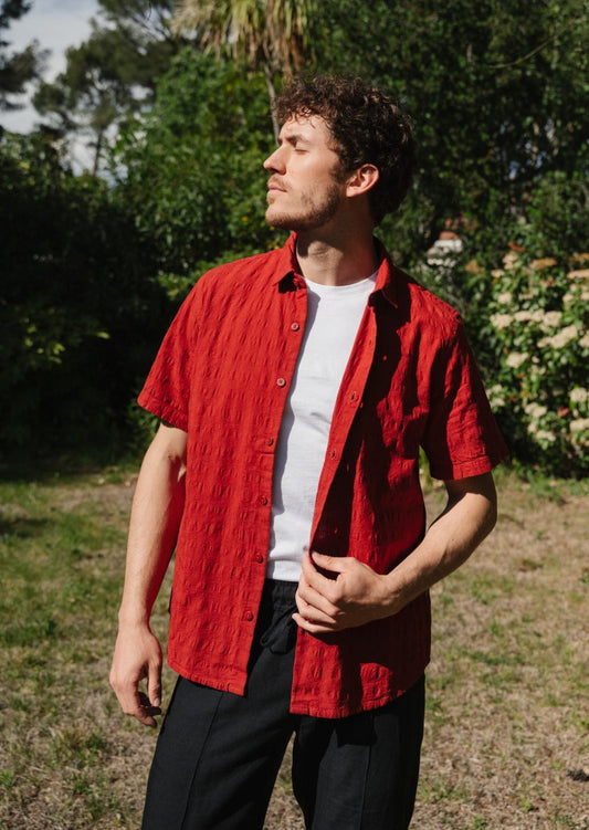 Chemise manches courtes en coton bio | orange "orangered cuadrito tom shirt"