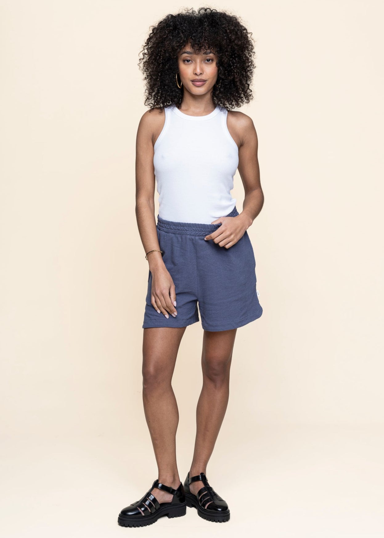 Short en coton biologique | bleu "posey elastic waist bouclé shorts vintage indigo"