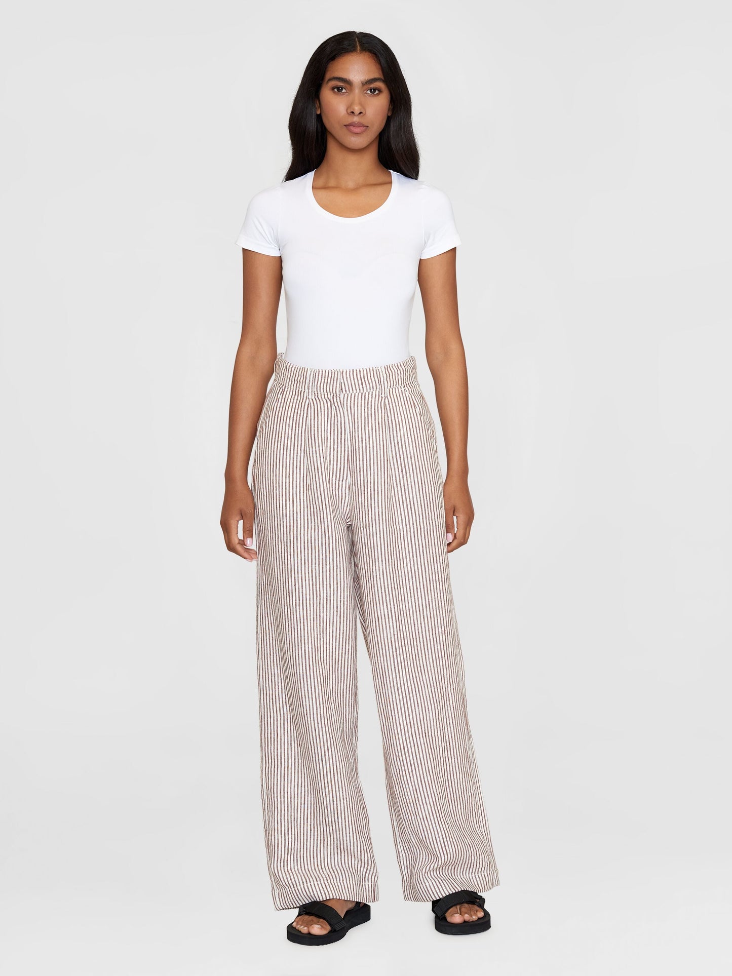 Pantalon ample en lin bio | Rayé marron "posey wide mid-rise striped linen brown stripe"