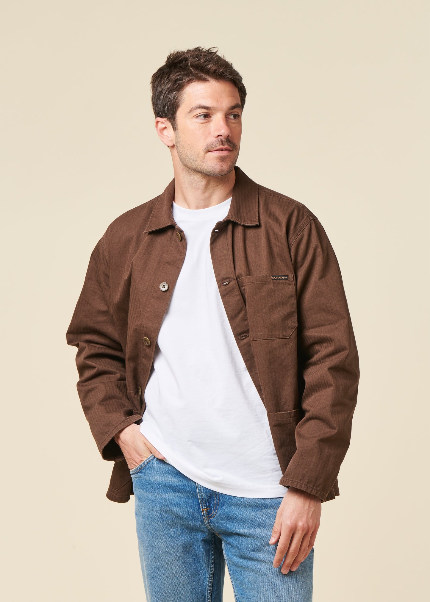 Veste en coton bio | marron "buddy herringbone chore jacket - walnut"