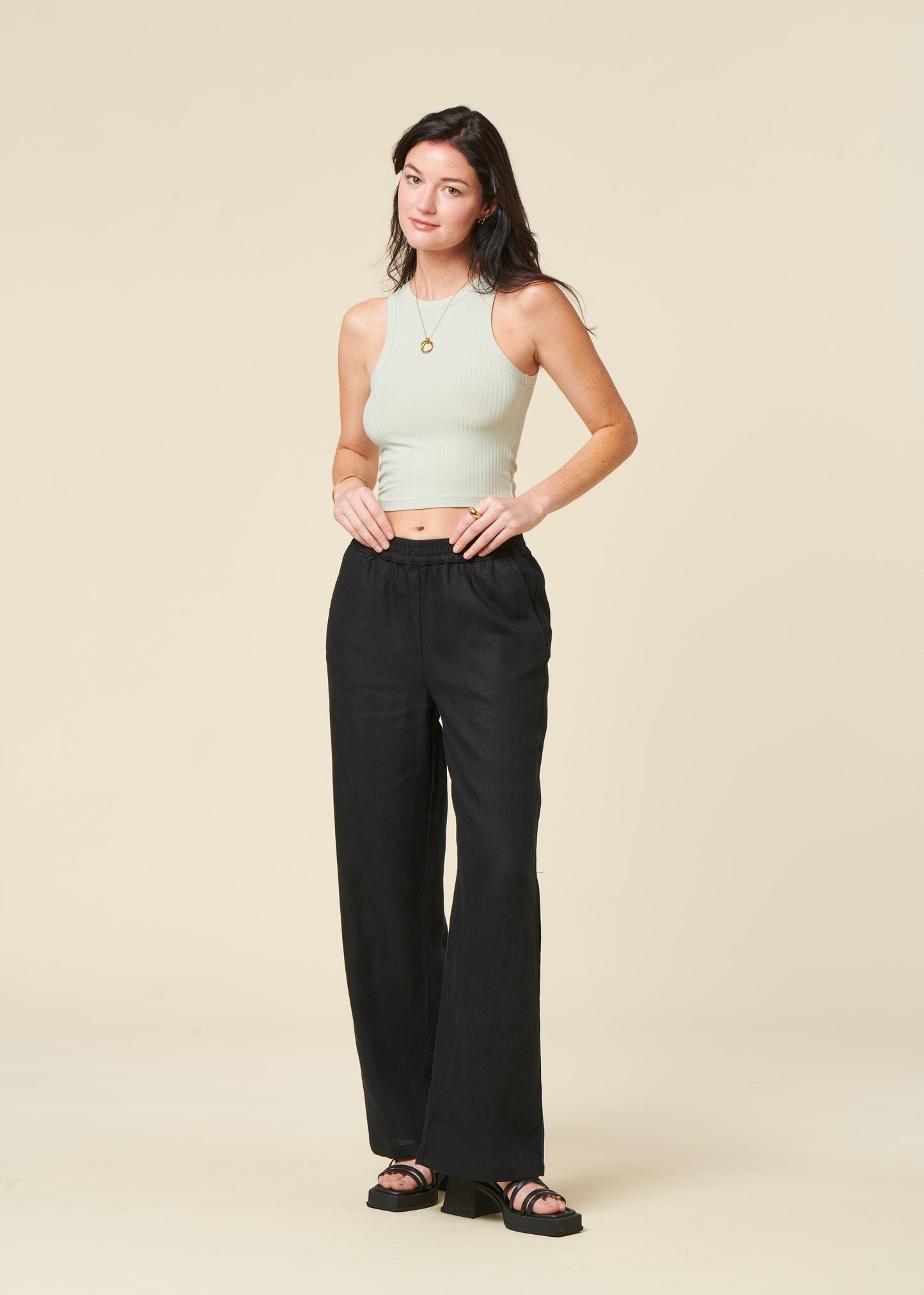 Pantalon ample en lin biologique | noir "posey wide mid-rise linen pants jet"
