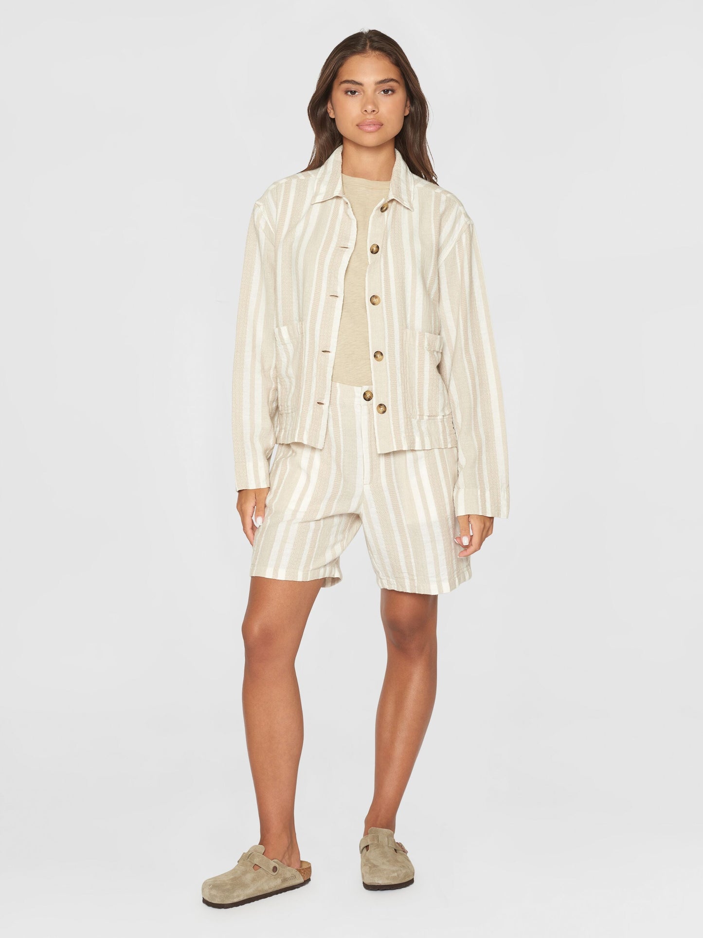 Surchemise en coton bio | Rayé blanc et beige "jacquard woven overshirt beige stripe"