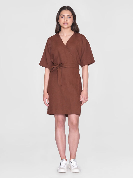 Robe portefeuille en lin bio | Marron "linen short sleeved wrap dress tiramisu"