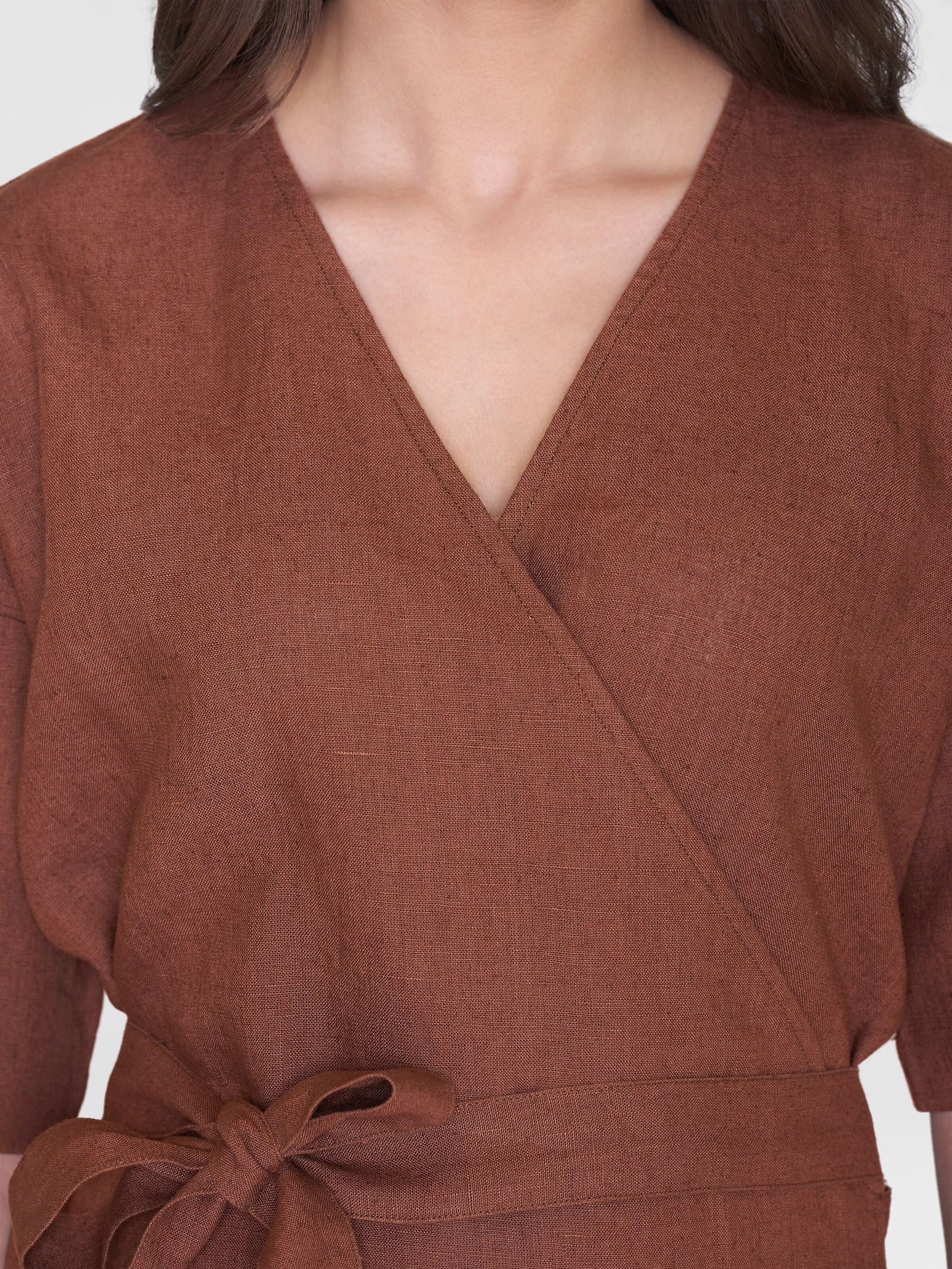 Robe portefeuille en lin bio | Marron "linen short sleeved wrap dress tiramisu"