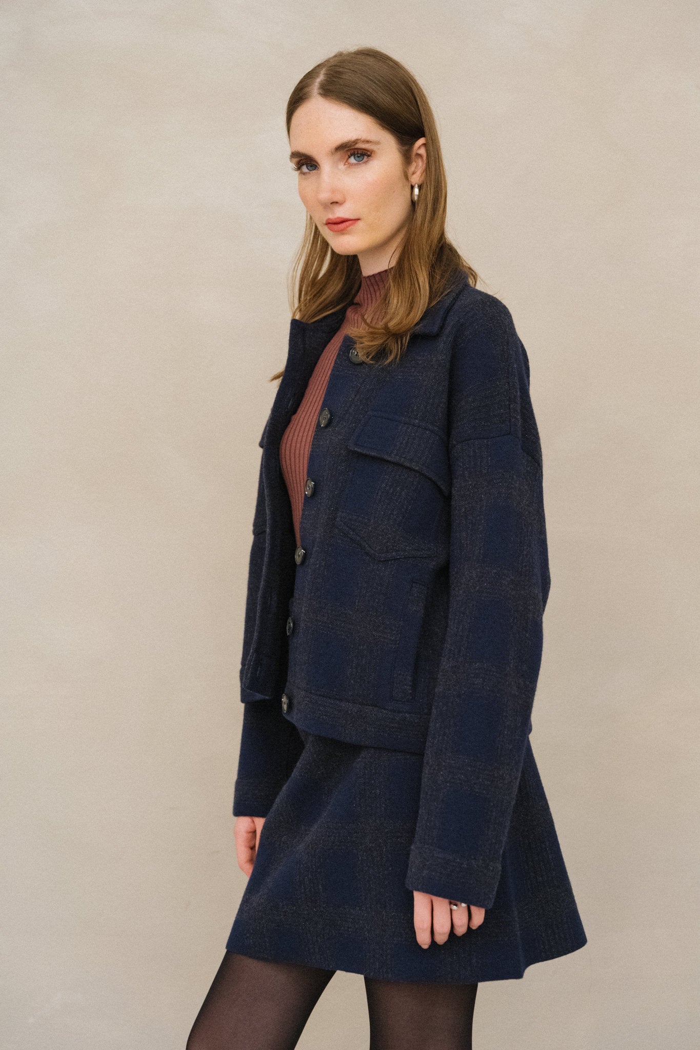 Veste en coton bio et laine | marine "joaalison check - night sky-steel melange"