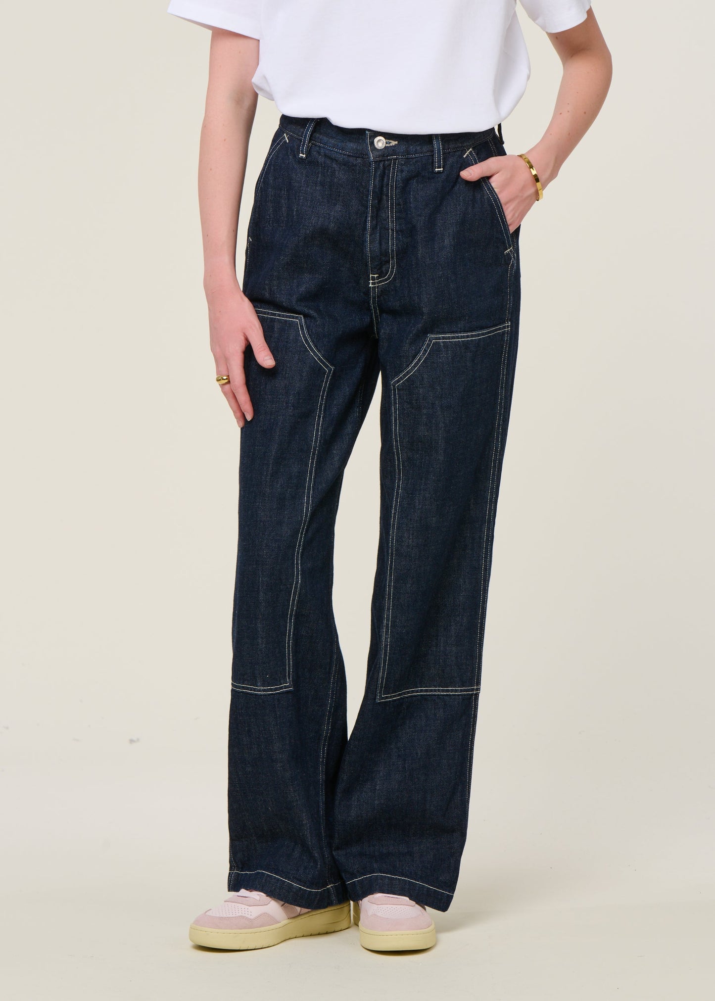 Jean en coton bio | bleu "wendy double knee denim pants - dark blue"