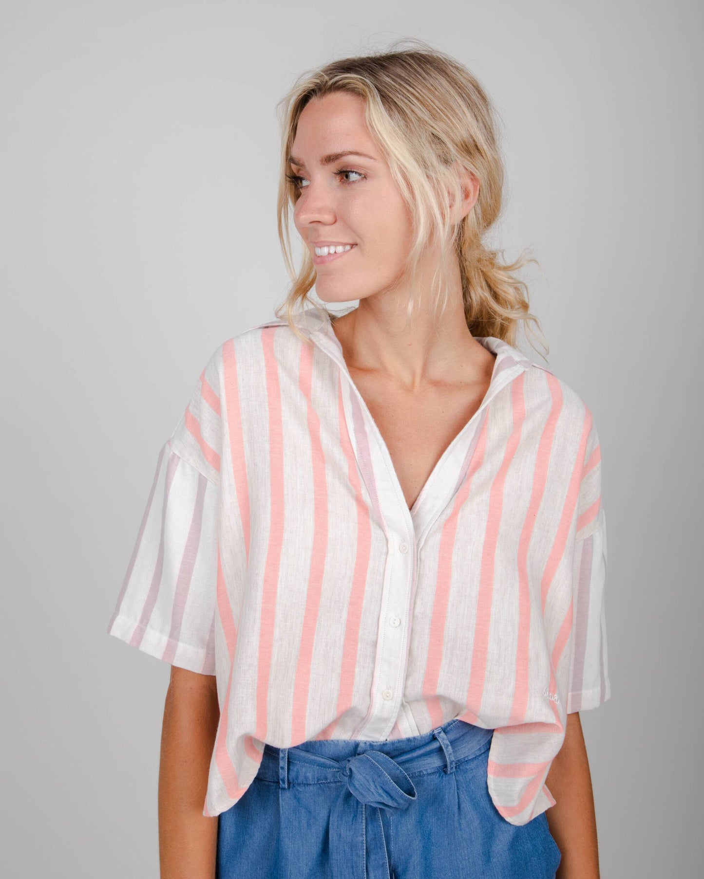 Chemise rose rayée en coton et matière recyclée - oversize cropped blouse coiro