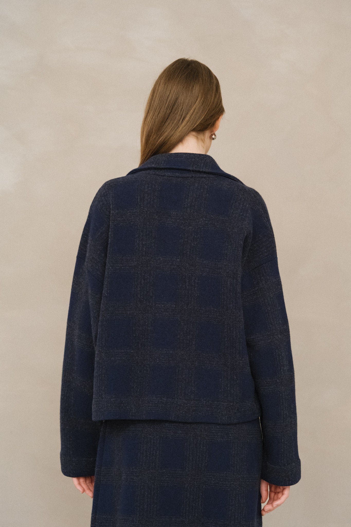 Veste en coton bio et laine | marine "joaalison check - night sky-steel melange"