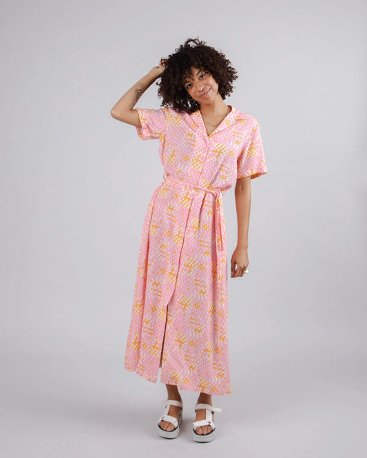 Robe longue à motifs en ecovero et lin | Multicolore "dizzy long dress rose pink"
