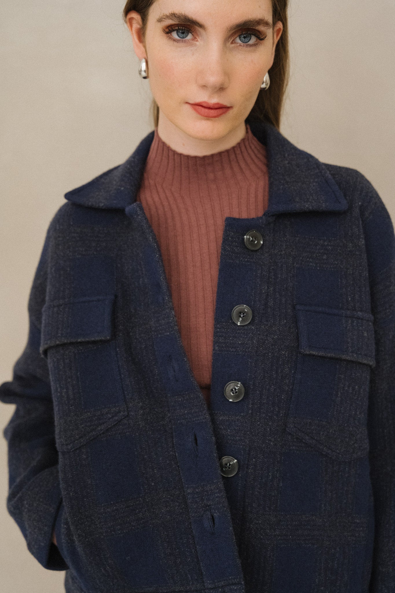 Veste en coton bio et laine | marine "joaalison check - night sky-steel melange"