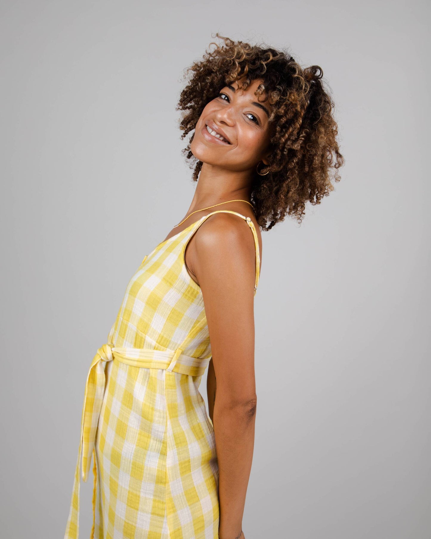 Robe en coton bio et matière recyclée | Vichy jaune "lorena strap dress lemon"