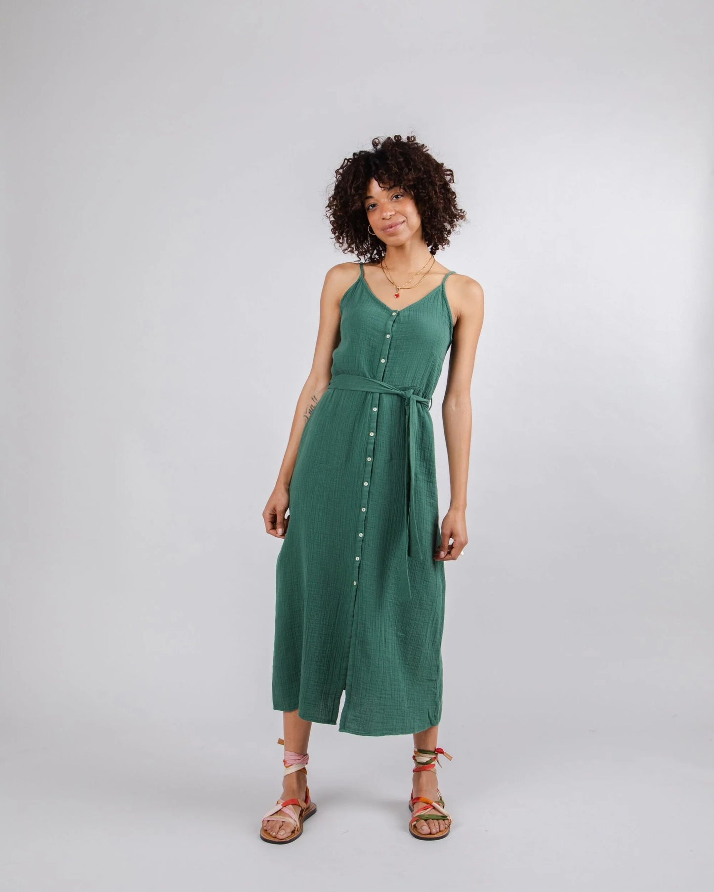 Robe longue en coton bio | Vert "bubble strap dress morera green"