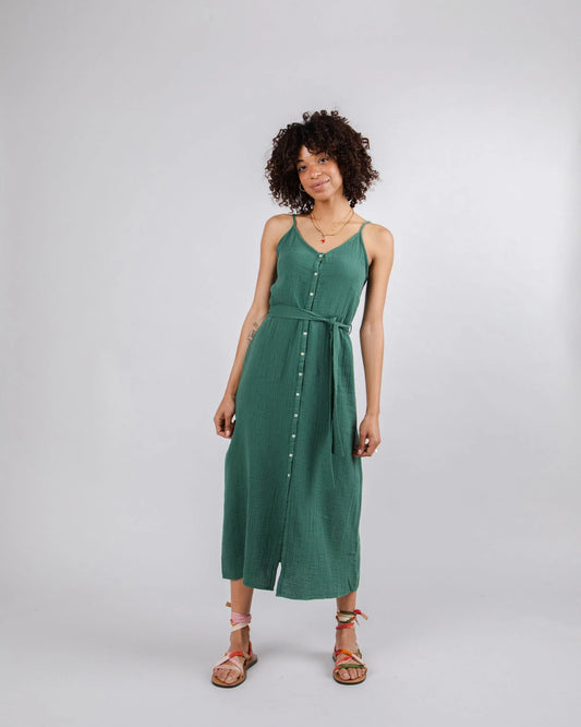 Robe longue en coton bio | Vert "bubble strap dress morera green"