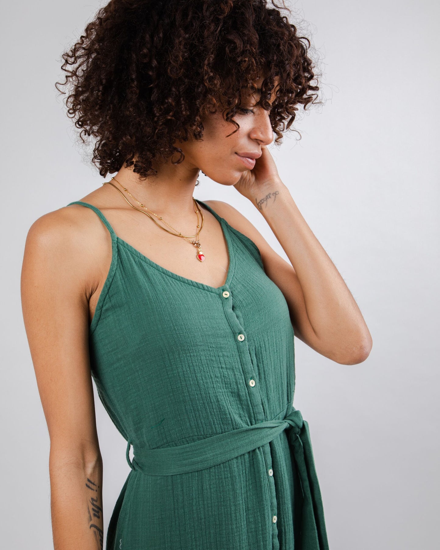 Robe longue en coton bio | Vert "bubble strap dress morera green"