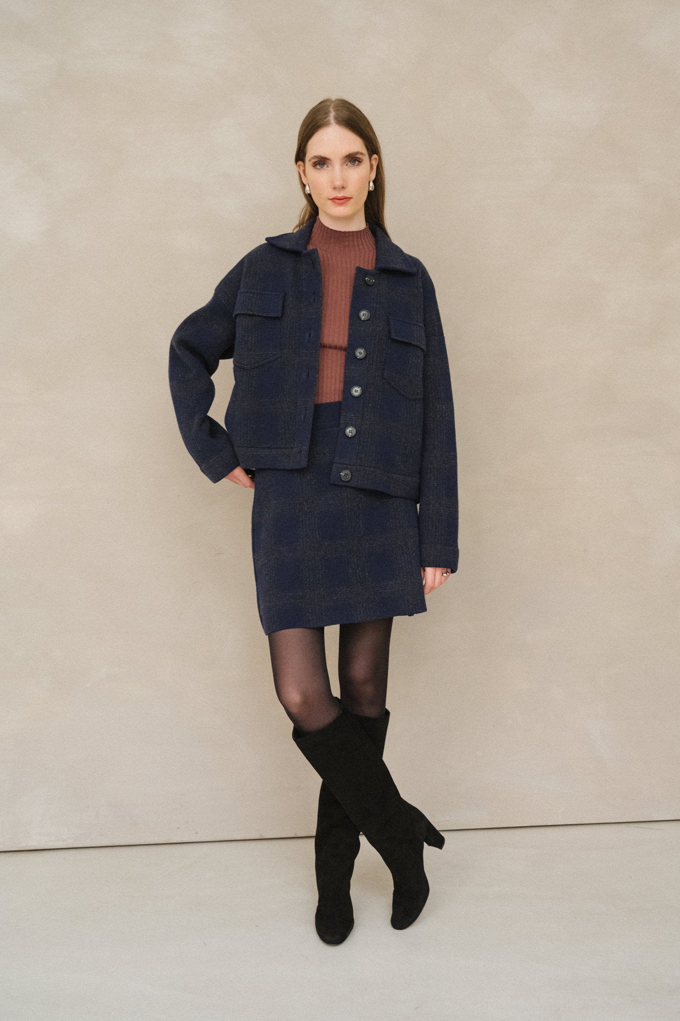 Veste en coton bio et laine | marine "joaalison check - night sky-steel melange"