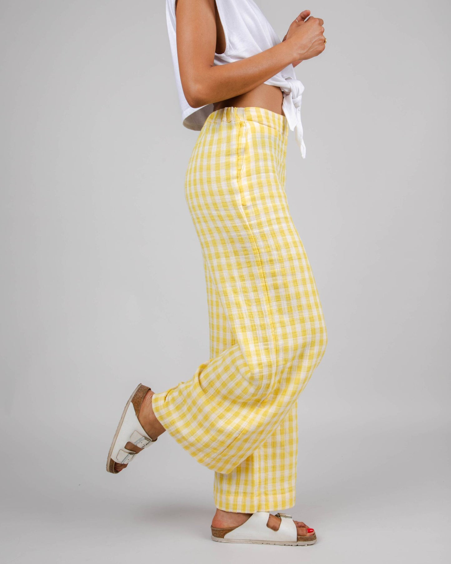 Pantalon vichy jaune en coton bio et matière recyclée - lorena lemon yellow