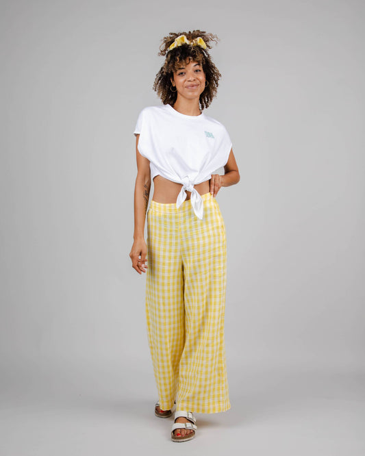 Pantalon vichy jaune en coton bio et matière recyclée - lorena lemon yellow