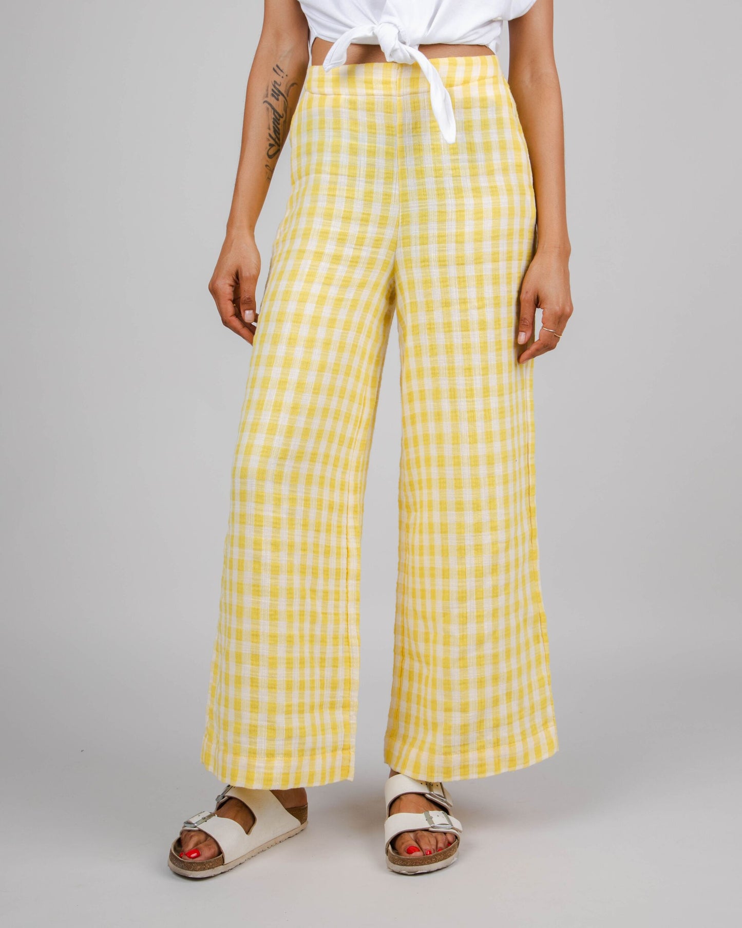 Pantalon vichy jaune en coton bio et matière recyclée - lorena lemon yellow