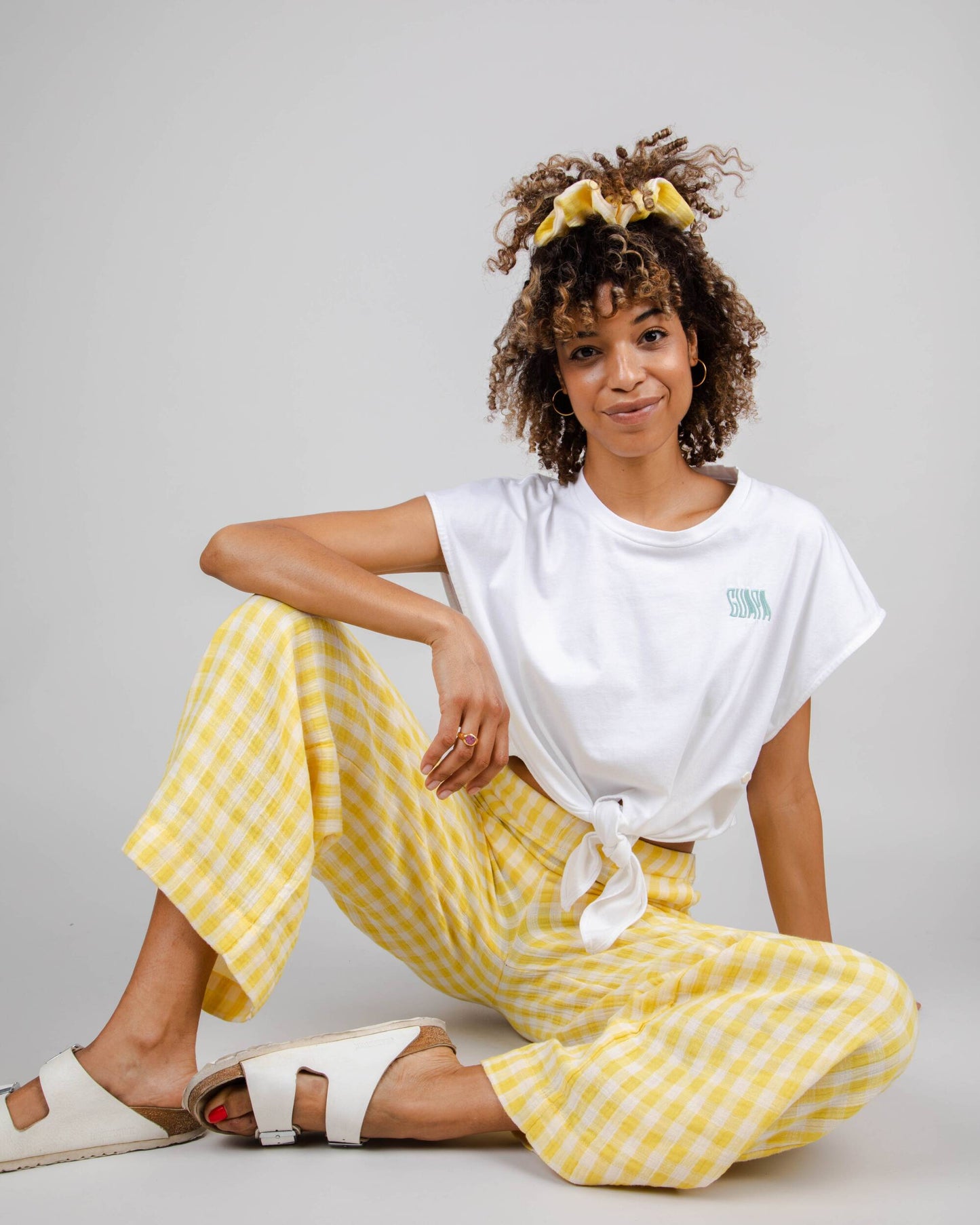 Pantalon vichy jaune en coton bio et matière recyclée - lorena lemon yellow