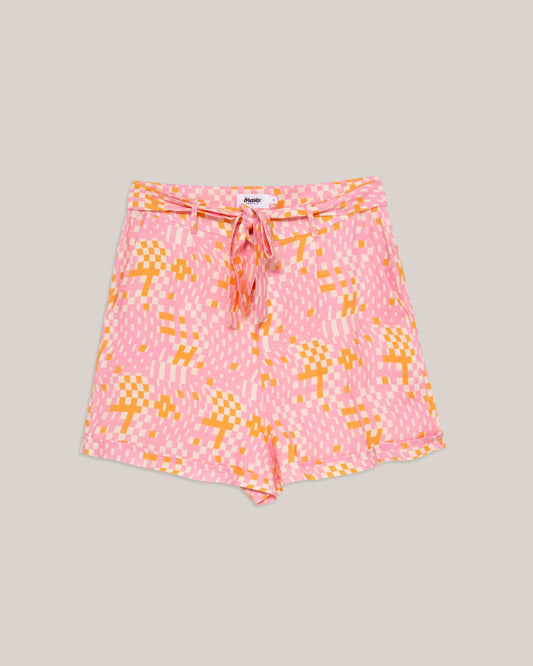Short rose à motifs en ecovero et lin - dizzy belted short rose