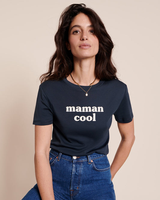 T-shirt côtelé en coton bio | Bleu nuit "maman cool charbon"