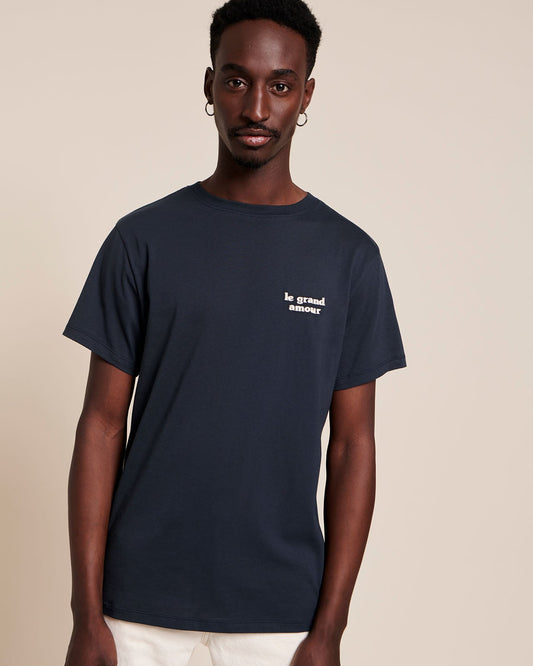 T-shirt brodé en coton bio | Bleu nuit "le grand amour homme charbon"