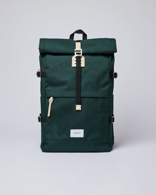 Sac à dos rolltop en matière recyclée | Vert "Bernt dark green with natural leather"