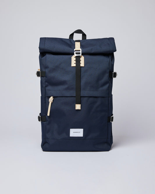 Sac à dos rolltop en matière recyclée | Marine "bernt navy with natural leather"