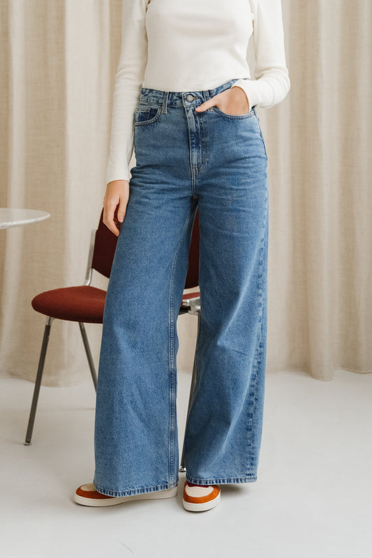 Jean évasé coton bio et recyclé | bleu "sara high loose - stone vintage"