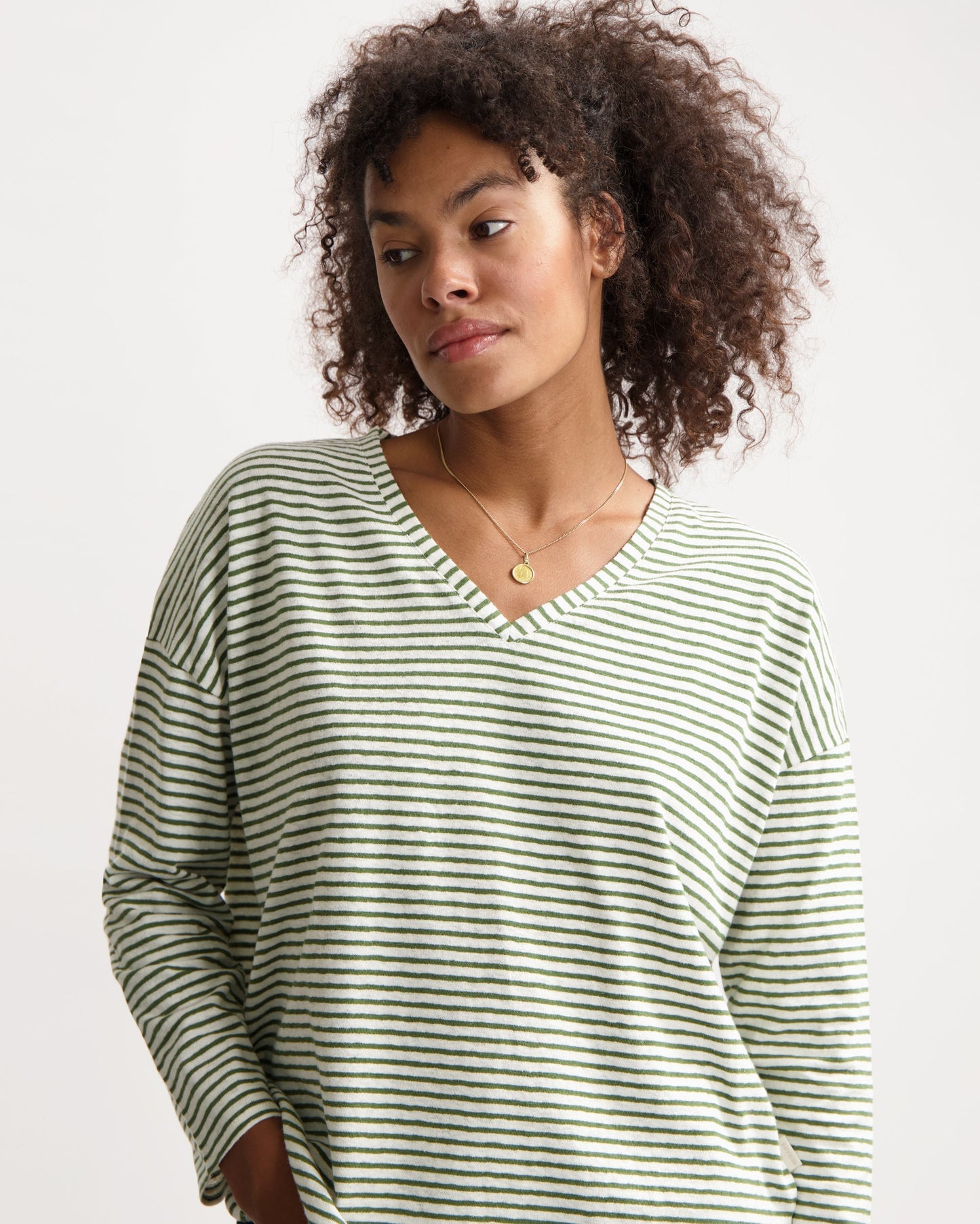 T-shirt manches longues en lin et coton bio | rayé "yulia tee green off white"