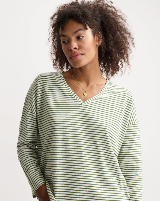 T-shirt manches longues en lin et coton bio | rayé "yulia tee green off white"